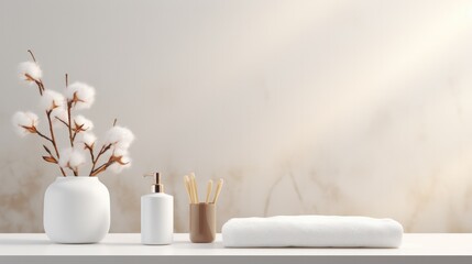 Obraz na płótnie Canvas Soap dispenser on white table soft sunlight that shines. copy space.