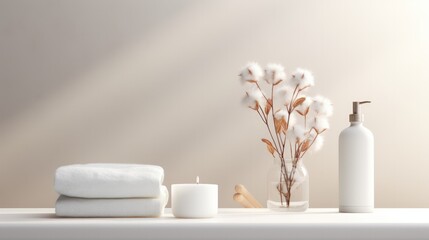 Fototapeta na wymiar Soap dispenser on white table soft sunlight that shines. copy space.