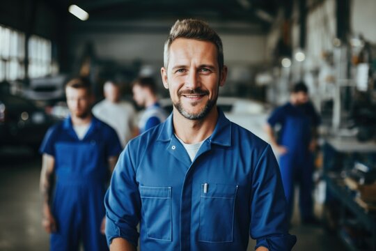 Technician male auto mechanic crossed arms in modern auto repair shop, garage.