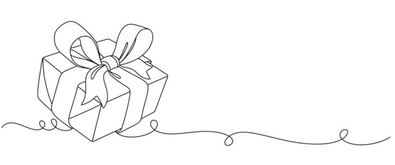 hand drawn vector line art illustration of a brith day, christmas giftbox