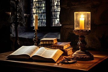 Bureau d'étude avec vieux livres et lanterne dans un ancien monastère médiéval