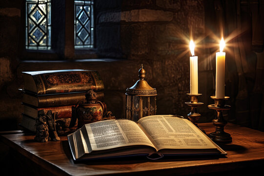 Bureau d'étude avec vieux livres et bougies dans un ancien monastère médiéval