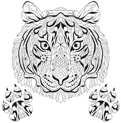 Fototapeta premium Zentangle tiger head with paws for coloring. Hand drawn decorative vector illustration