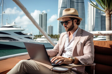 A businessman working on a laptop on the yacht.