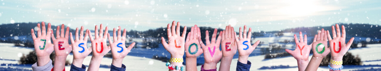 Children Hands Building Word Jesus Loves You, Winter Background
