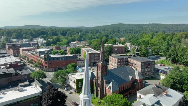 Flying low over church steeples near downtown Brattleboro, Vt.