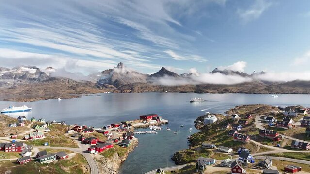 aerial view of Tasiilaq harbor and sailing yacht in Greenland