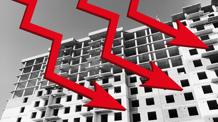 3d red down arrow sign on unfinished residential building background. Fall price for purchase, sale...