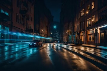 Fototapeta na wymiar Urban street at night, illuminated by vibrant city lights - AI Generative