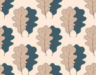 Naklejka na ściany i meble Autumn seamless pattern with oak leaves, lineart.