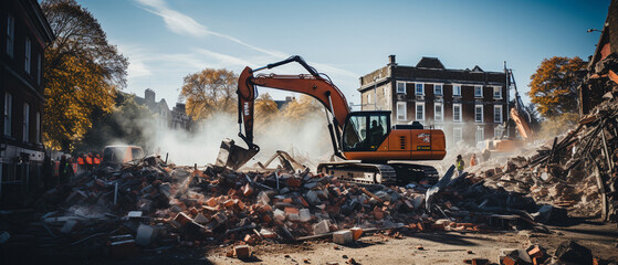 A digger tearing down an old brick building.
