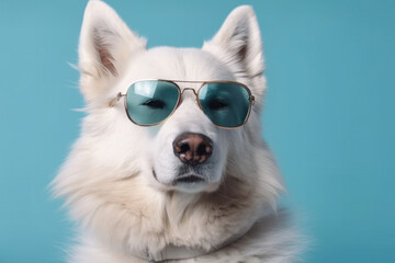 A purebred and pedigreed white dog with trendy sunglasses, a fashionable and modern accessory. UV protection for the sunny beach. AI Generative.