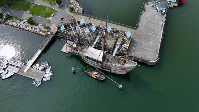 Aerial view of the Mayflower II docked at Plymouth Harbor.