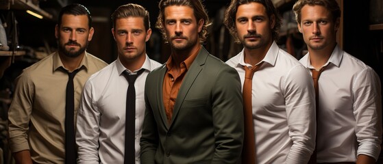 a bunch of appealing male models presents a new line of clothing.