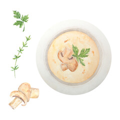 Set of watercolor hand drawn illustration of mushroom soup. Champignon kremb sauce with green parsley in plate. Clip art for cooking book, menu, restaurants, cafe. Painting for lable, packing