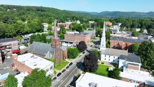 Flying low over church steeples near downtown Brattleboro, Vt.