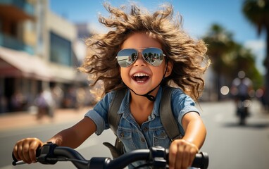Bicycle being ridden by a playful girl wearing sunglasses.
