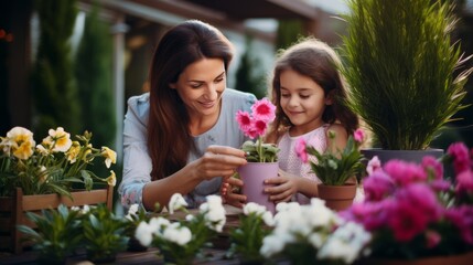 Fototapeta na wymiar happiness cheerful family mother and daughter joyful looking at colorful flower at florist flower store beautiful day family spending time together