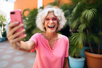 happiness old retired pension female senior woman cheerful laugh fun taking selfie photo travel putdoor lifestle persure daylight