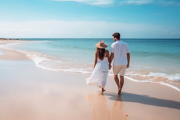 happiness cheerful traveller young marry couple walking hand in hand to the sea romantic positive freshness love emotion in nature