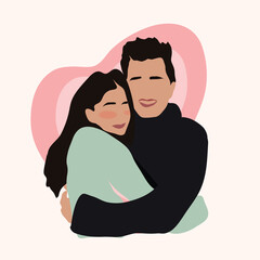 cute couple hugging with pink heart in backgorund, vector illustration, without face, 