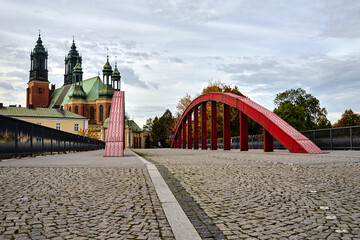 Steel structure of the bridge over the Warta River in the city of Poznan - obrazy, fototapety, plakaty