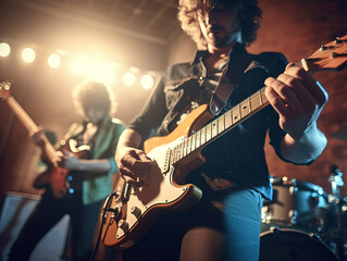 A rock band is performing on stage. Guitarist, bass guitar and drums. The guitarist is in the foreground. Close up - obrazy, fototapety, plakaty