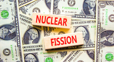 Nuclear fission symbol. Concept words Nuclear fission on beautiful wooden blocks. Dollar bills....