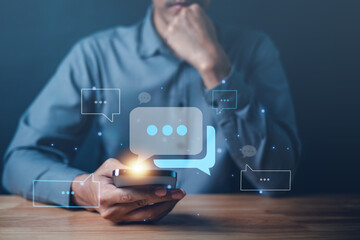 social network, conversation, message, comment, speech bubble, banner, context, communicate, discussion, chat. use smartphone to check social media, around that message and comment HUD show it.