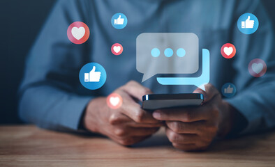 love, like, bubble, message, speech bubble, balloon, discussion, social media, shape, chat. touching smartphone for chatting and message. social network has like, love, speech bubble show around that.