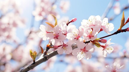 Cherry blossom branch in the sun, light pink and light orange, spring photography