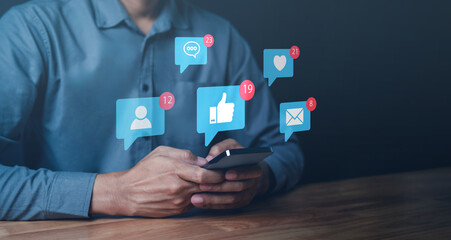 love, like, mail, message, speech bubble, balloon, discussion, social media, shape, chat. use smart phone to check social media, around there love, like, mail, message blue icon and unread, alert it.