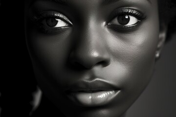 Close up black and white photo of african american woman staring. Female model high quality studio photo