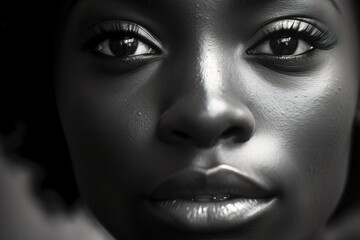 Fototapeta premium Close up black and white photo of african american woman staring. Female model high quality studio photo