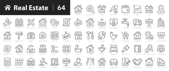 Real Estate line icons set. Real Estate outline 64 icons collection. Purchase and sale of housing, rental of premises, insurance, realty, property, mortgage, home loan - stock vector. - obrazy, fototapety, plakaty