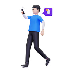 3d man gets notification via smartphone illustration