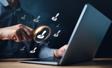 search, seek, hr, find, human, talent, management, resource, choose, executive. a man hold magnifier to finding seeking human talent put into right job. around choosing that has human symbolic.