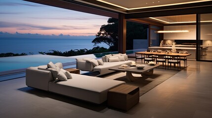 Fototapeta premium beautiful pool villa penthouse home apartment with sunning ocean open view beautiful home interior design creative ideas concept,ai generate