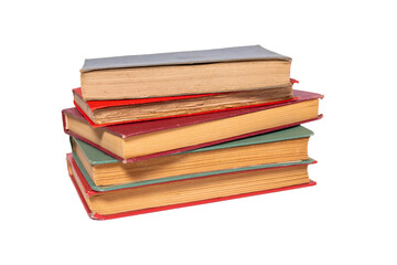 Old antique novels, color hardback books with white background, vintage books with isolated straw paper, stacked notebooks, concept, literature textbook photo idea.