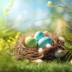 Celebrating Easter: Nest with Decorative Eggs in a Spring Garden - AI Generated