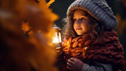 child wrapped in a chunky knit blanket gazes wonderstruck at a lantern illuminating a pile of colorful leaves