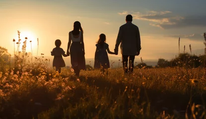 Papier Peint photo Prairie, marais parent, meadow, family, mother, child, relaxation, journey, nature, freedom, together. background image is mother and children walk together at meadow, field of flower on sunset to relaxation.