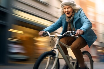 Aktive Großmutter: Oma kommt auf dem Fahrrad angefahren - obrazy, fototapety, plakaty