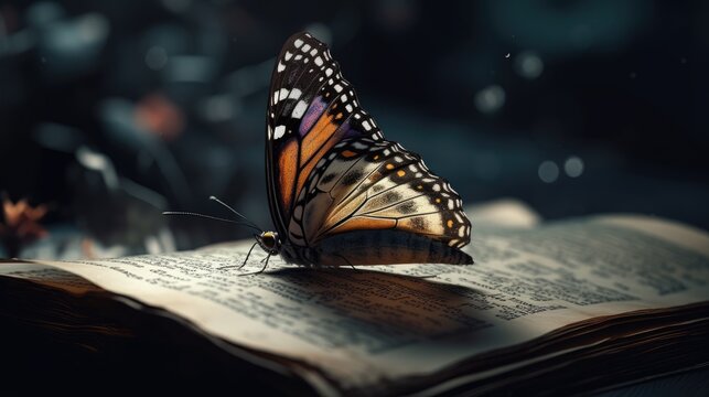 Illustration of a butterfly perched in a book