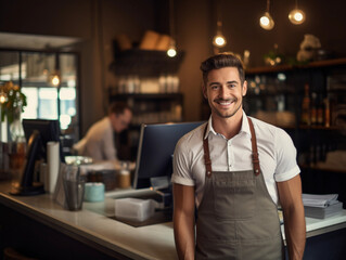 Smiling, young and attractive salesman, cashier serving customers