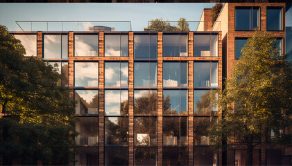 Residential apartment bloc with bricks, OMA Architecture, glass facade, facing the road in downtown London, photography, first-Person View, natural Light