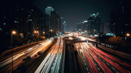 Obraz premium Light trails move towards the financial district. Long exposure