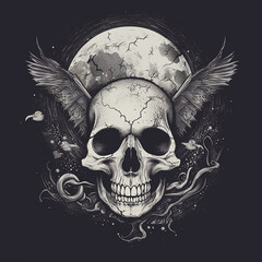 Obraz premium Scary background for Halloween, on black there is a big moon and a skull with bat wings, horror, nightmare