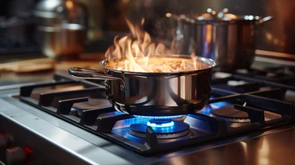 Fototapeten Flames flicker beneath a saucepan on the hob, akin to the intensity of a chip pan fire.. © ckybe