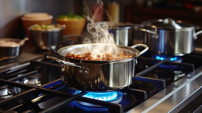 Stainless pan on the hob, cooking on a gas stove